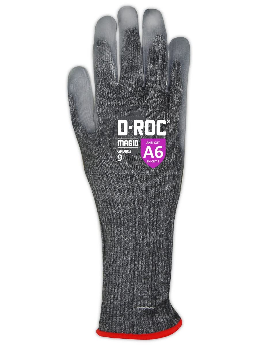 MAGID Touchscreen Level A6 Cut Resistant Work Gloves, 12 PR, Extended Cuff, Dry Grip Polyurethane Coated, Size 8/M, Reusable, 13-Gauge HPPE Shell (GPD803)