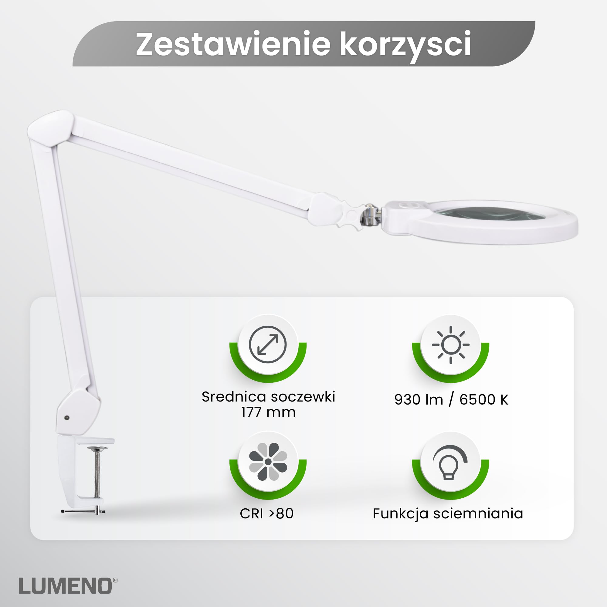 Lumeno 8245PRO Lampa powiększająca LED 172 mm 5 dioptrie z regulacją ściemniania metalowa obudowa