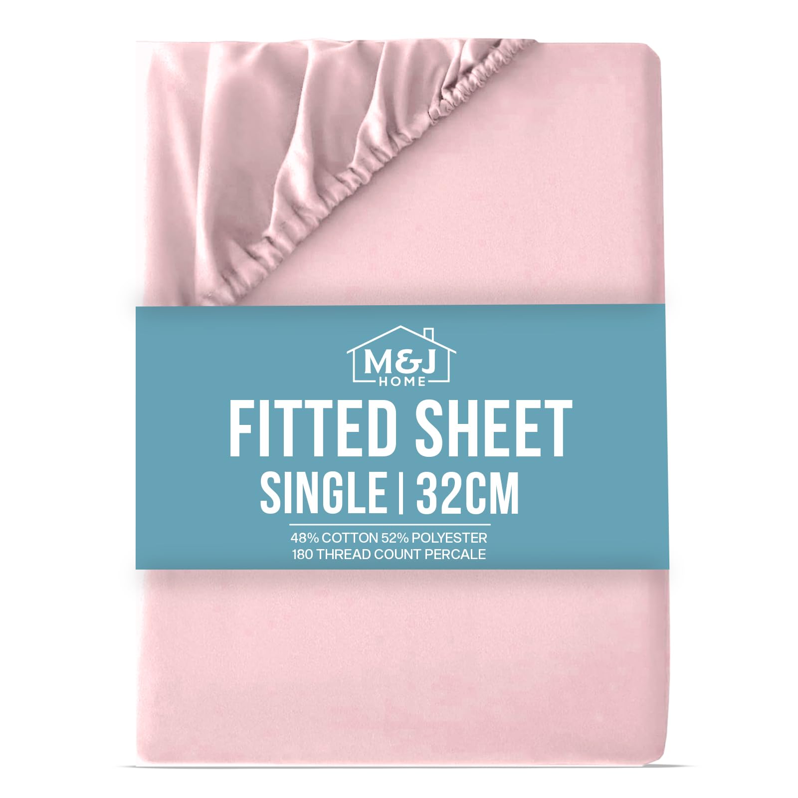 M&J Home Single Fitted Sheet Pink - Extra Deep 32cm Pocket - Fits 90x190cm Mattress - 180TC Polycotton Percale - 48% Cotton 52% Polyester - Machine Washable