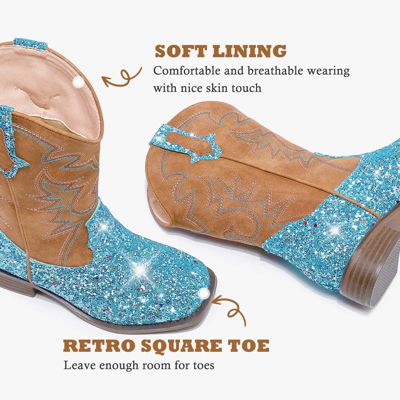 Girls Cowgirl Boots Mid Calf Square Toe Western Boot for Kids Glitter Cowboy Boot in Party for Toddler Little Big Girls Riding Shoes4