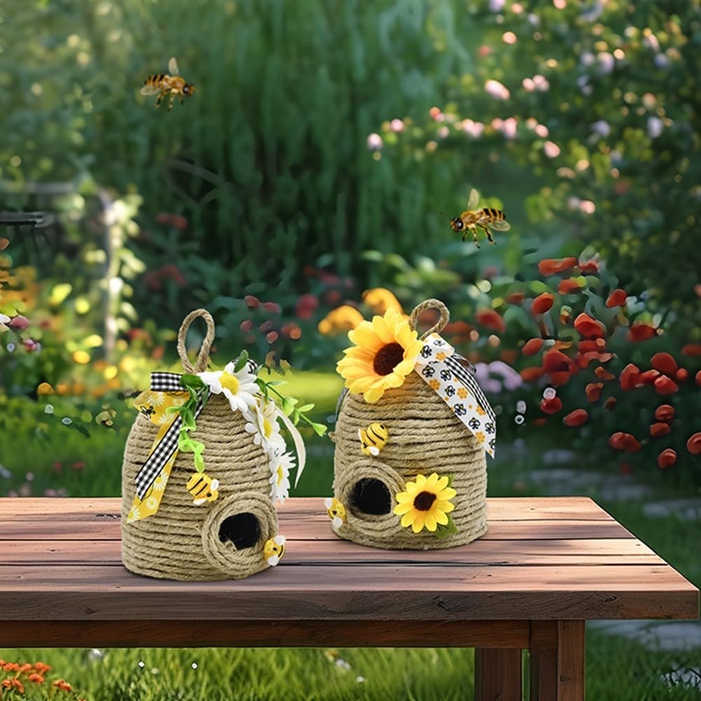 FACAIIO Handgefertigter Jute-Bienenstock-Ornament mit Holzbienen, Büffelkariertes Band, Landhaus-Dekoration (A und A)