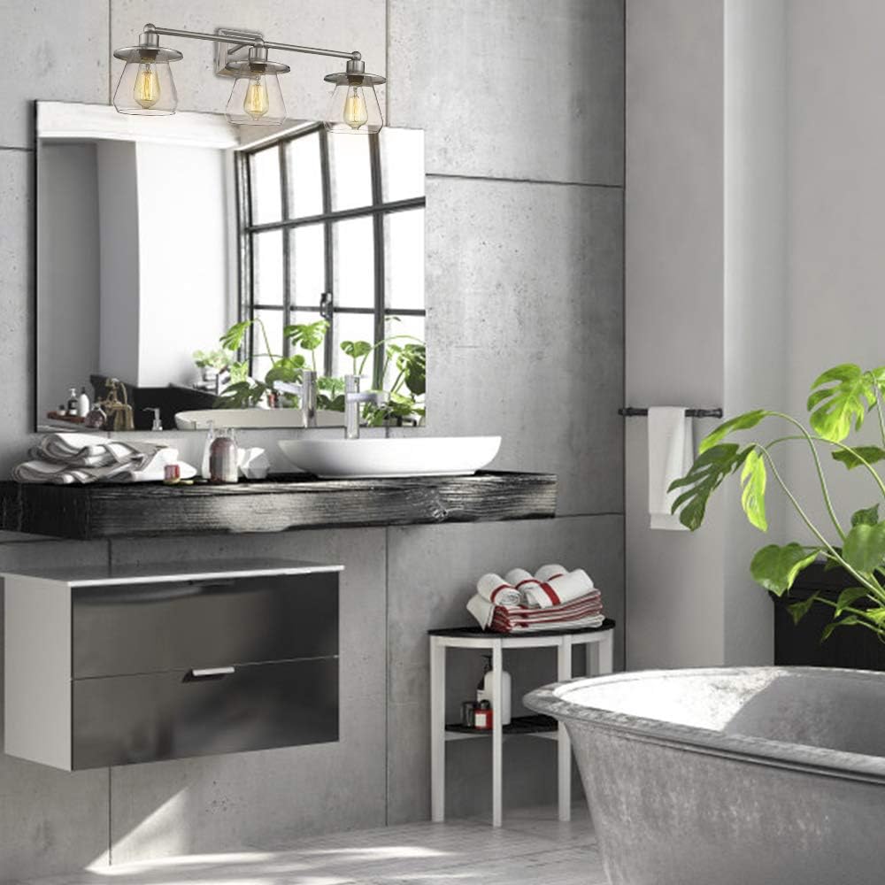 Get Special Price Beionxii 3-Lights Bathroom Vanity Light | 24 Inches Modern Brushed Nickel Hallway Wall Sconce with Clear Glass BXS003