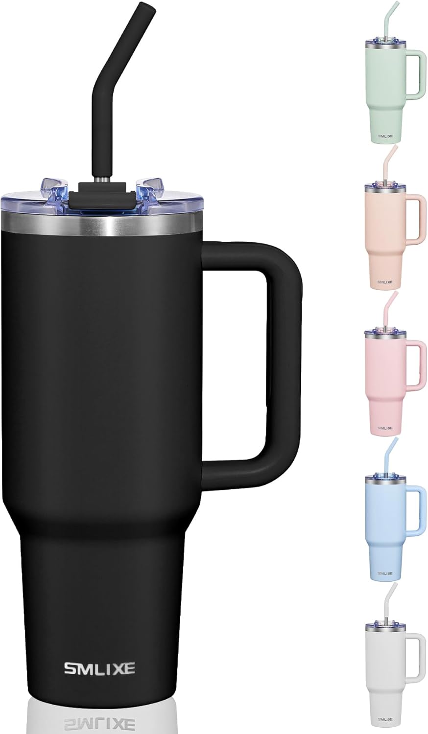 COKTIK 40 oz Tumbler With Handle and Straw, Insulated Tumbler With Leakproof Lids, Stainless Steel|BPA-Free, Cold for 24 H (Black)