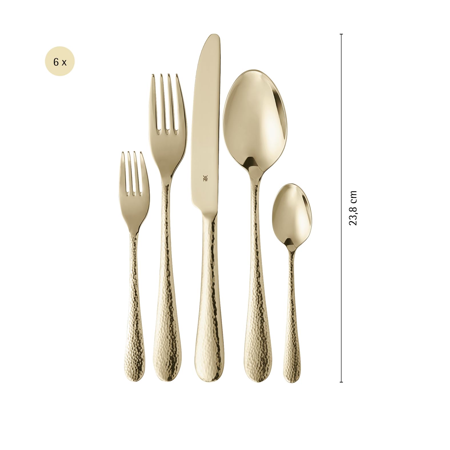 WMF Sitello Besteck Set 6 Personen, Gold-Edition, Essbesteck Set 30 teilig, Monobloc-Messer, Cromargan Edelstahl poliert, Hammerschlag, ergonomisch, glänzend, gold