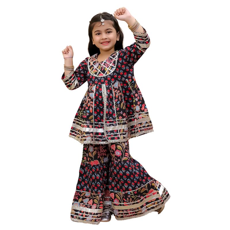 Image of superminis Girls Cotton Floral Printed Gotta Work 3 /4 Sleeves Flared Design Kurti & Sharara Set