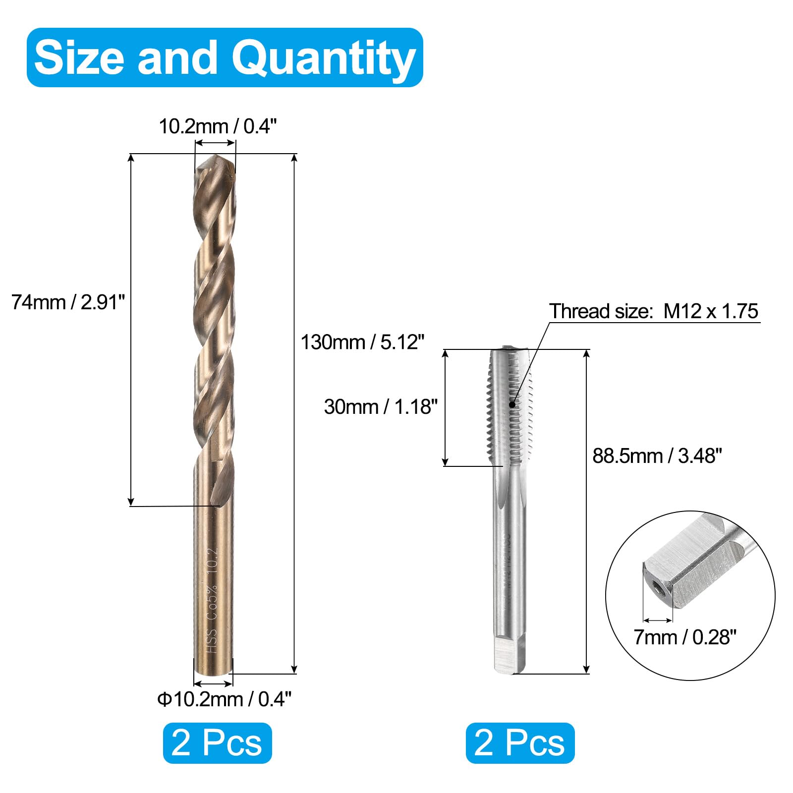 QUARKZMAN Set di Punte e Maschi per Filettare, 3pz M12 x 1.75 Metrici Maschi a Filettare a Flauto Dritto & 3pz Punte da Trapano a Spirale da 10.2mm, Non Rivestiti/Giallo Tostato HSS-6542/M35