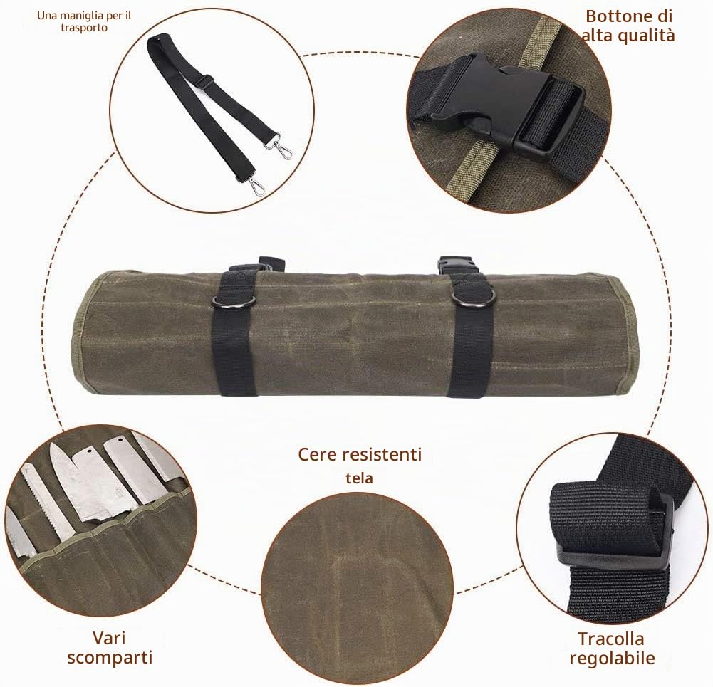 Borsa Porta Coltelli, con 11 Fessure, Rotolo Portacoltelli con 2 Cinghie Elastiche, Custodia per Attrezzi, Borsa di Utensili di Cucina, in Tela Cerata, Impermeabile, Army green, 66 * 50CM