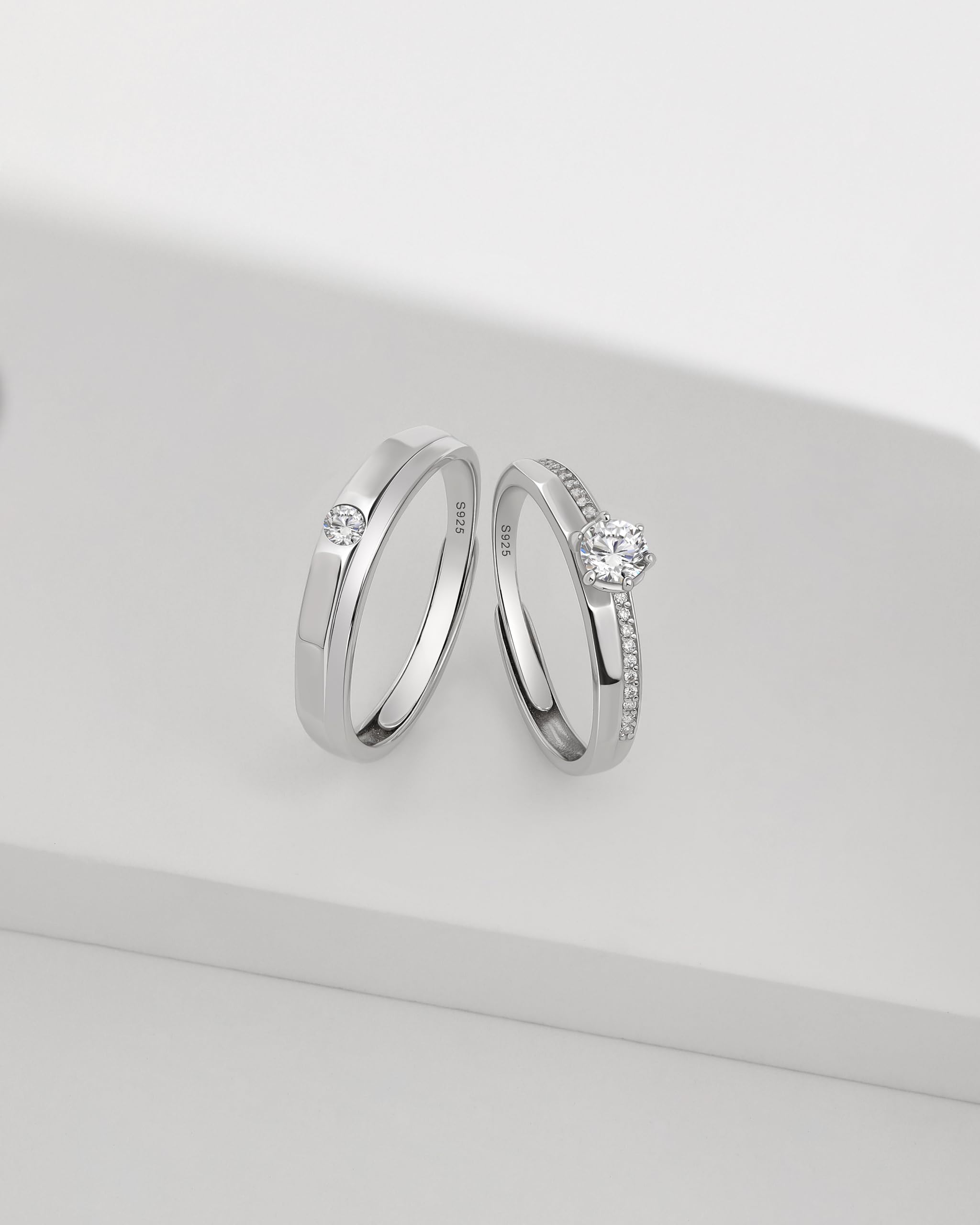 Meissa Anillos de Compromiso Alianzas de Plata Pareja de Ley 925 Con Circonita Redonda y Diseño Clásico Anillos Ajustables para Ella y Él Boda Aniversario Regalo