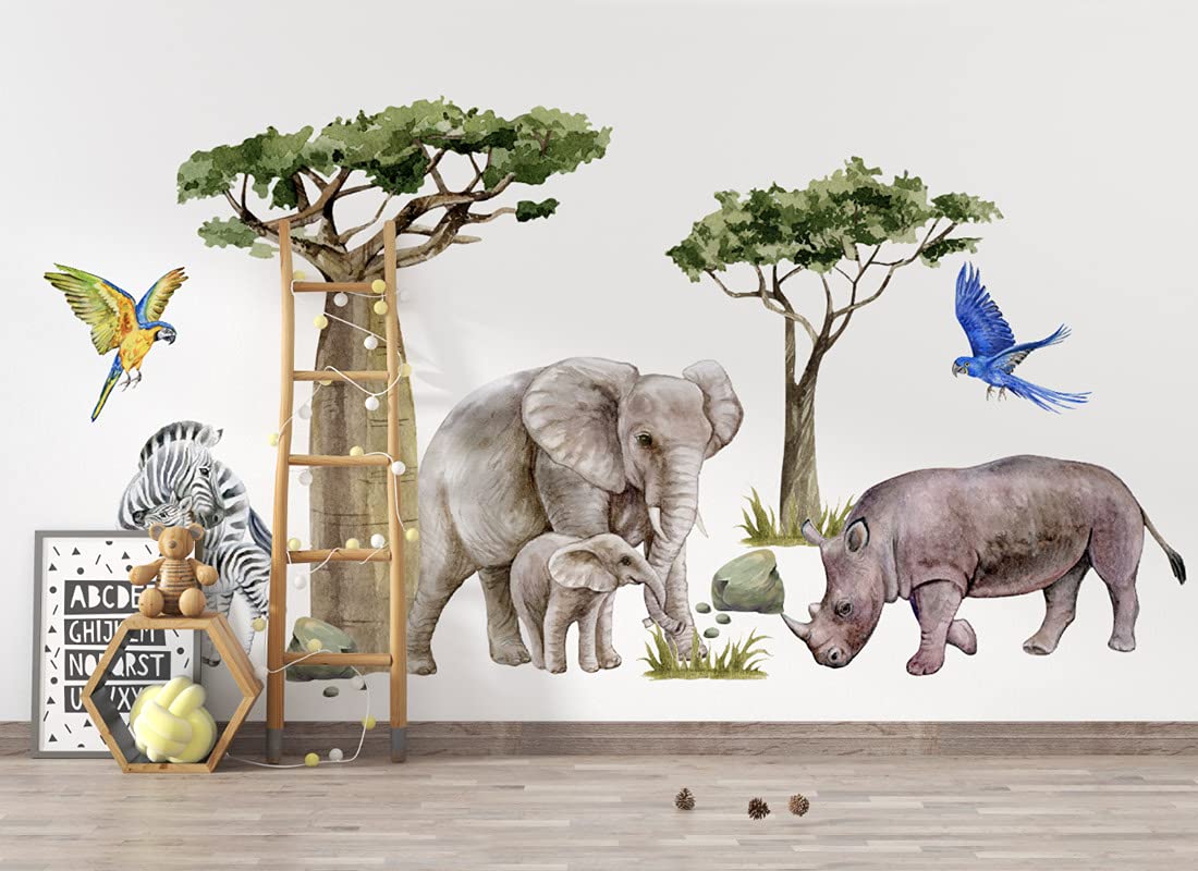 Wandtattoo Dschungeltiere Safari, Savanne, Zebra, Elefant, Nashorn, Tropische Bäume Kinderzimmer Junge Babyzimmer Wandsticker Wandaufkleber Bilder Osomhome (240x125cm)