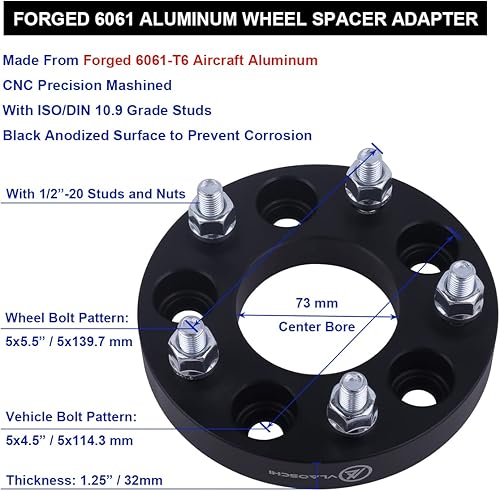 Miniatura 10 de VLAOSCHI Adaptadores de rueda forjados negros de 5x4.5 a 5x5.5 de 1 pulgada con pernos de 12 pulgada compatibles con Jeep F-ord 5 Lug 5x114.3 a