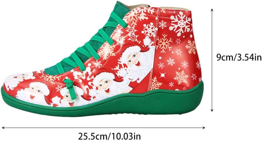 Generic Christmas Santa Claus Shoes Round Toe Lace- Up Side Zipper Xmas Printed Short Boots Santa Costume Accessory for Women Men, Green, 8.5 - Image 6