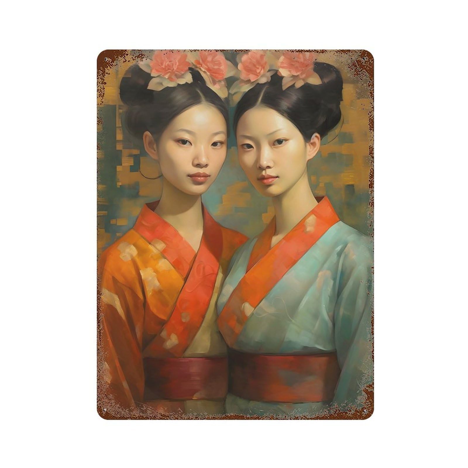 Painted Asian Twins 15.7"x11.8" Decorative Tin Sign, Retro Wall Decor for Bistro, Counter And Cafe Decor