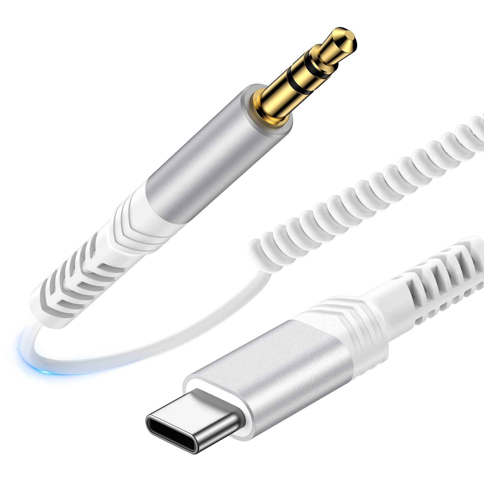 USB Type-C to 3.5mm AUXケーブル カールコード式 USB C AUX 変換コード Type C to 3.5mm オーディオケーブル ステレオミニプラグ 1.2M 長く伸びるカールケーブル DAC搭載 高耐久 スピーカー 車用 タイプCポートのスマホとタブレットPC対応 ホワイト