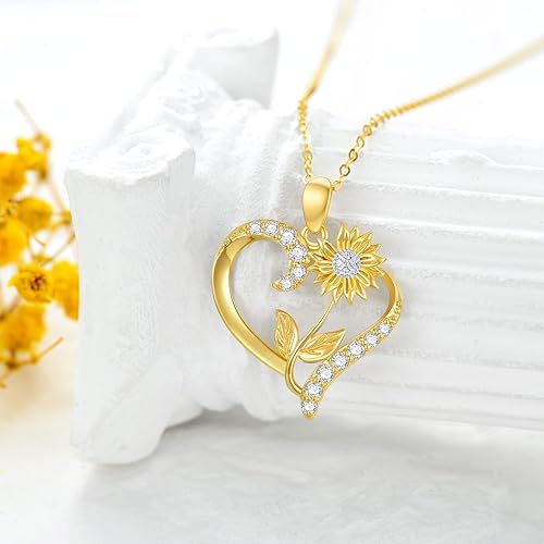 Miniatura 10 de Collar de flor de nacimiento de oro real de 14 quilates para mujer, oro amarillo creado moissanita con colgante de corazón, collares de