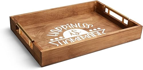 HOMKO Bandeja otomana rústica con asas de metal, bandeja de madera de 16 pulgadas para desayuno, bandejas decorativas para servir para decoración