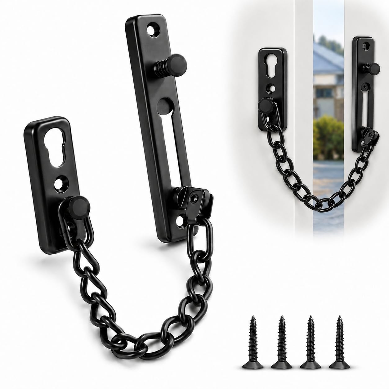 Door Security Chain Lock, Heavy Duty Anti-Theft Black Metal Door Latch