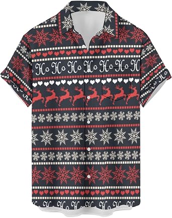 Ecosunny Bowling Shirts for Men Santa Printed Holiday Shirt Chest Pocket Camp Shirt Retro Hawaiian Shirt