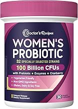 Doctor's Recipes Probiotics for Women, 100 Billion CFU 32 Strains, with Prebiotic Fiber, Enzymes & Cranberry, No Yeast, Shelf Stable, Delayed Release, 30 Caps
