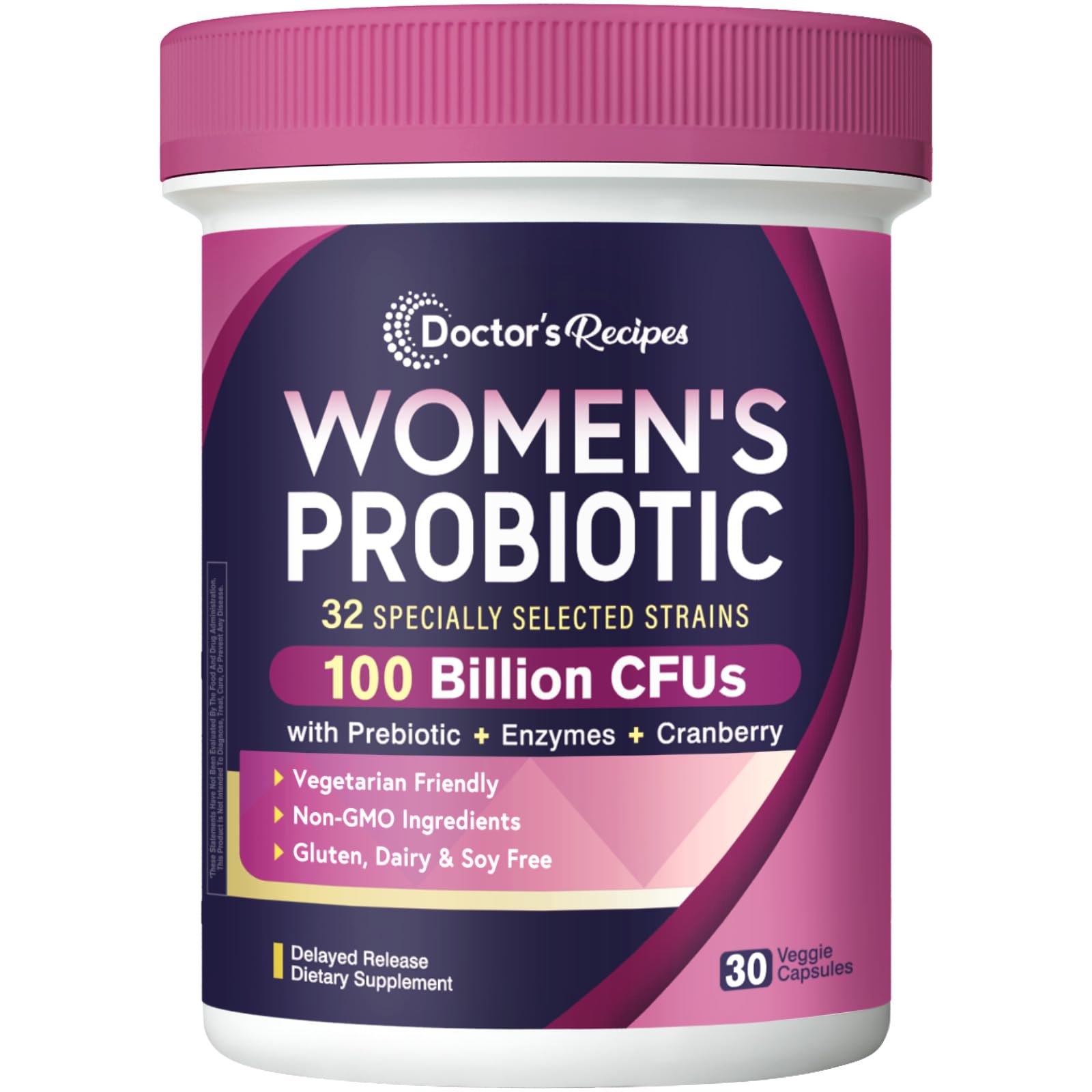 Probiotics for Women, 100 Billion CFU 32 Strains, with Prebiotic, Enzymes & Cranberry, Shelf Stable, Delayed Release, 30 Caps