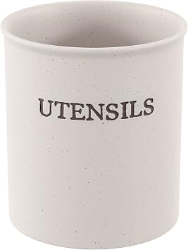 KooK Large Utensil Crock for Kitchen Counter, Ceramic Utensil Holder, Heavy & Stable Caddy, Farmhouse Decor, Matte Speckled Stoneware, Cream, 6 inch, Dishwasher Safe