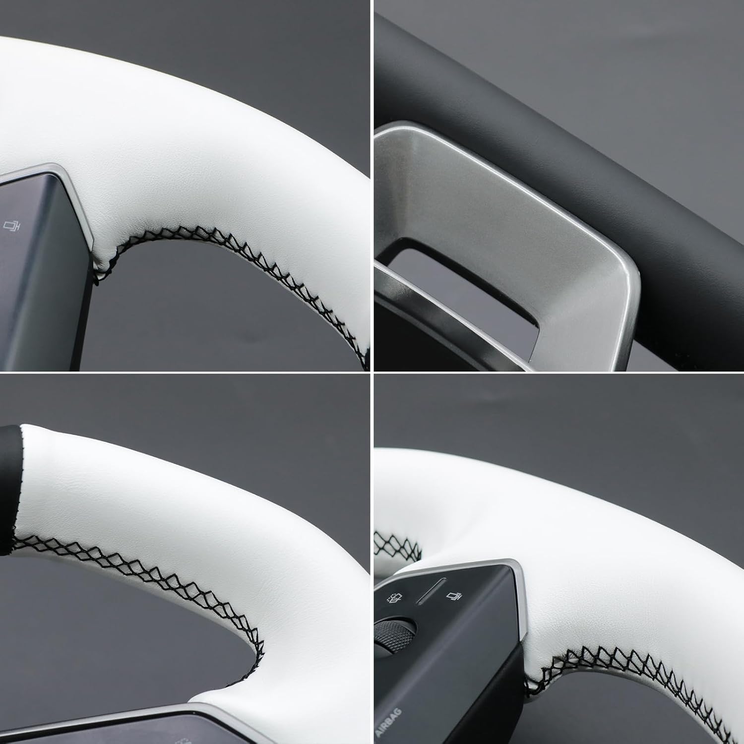 MEWANT DIY Stitching White Leather Steering Wheel Cover Wrap for Tesla Cybertruck 2023-2025 Steering Wheel Accessories for Cybertruck Interior Accessories
