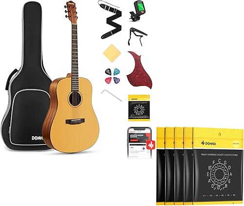 Donner Acoustic Guitar for Beginner Adult Full Size Dreadnought Acustica Guitarra Starter Bundle Kit with Light Acoustic Guitar Strings 5-pack