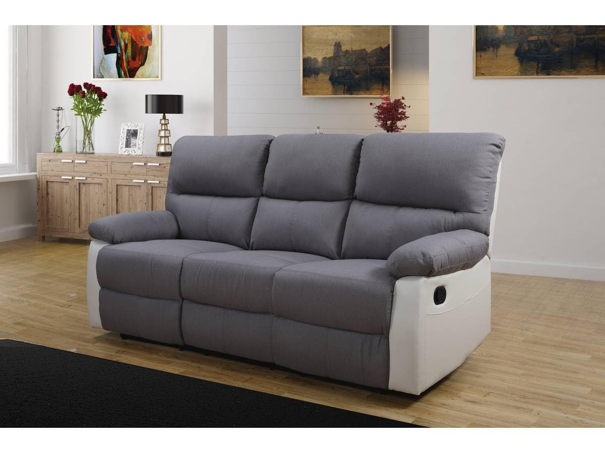 Habitat et Jardin - Canapé Relax en Simili et Tissu Lincoln 3 Places Blanc et Gris Clair - Fauteuil Relax Design Moderne - Canapé Inclinable Résistant et Confortable