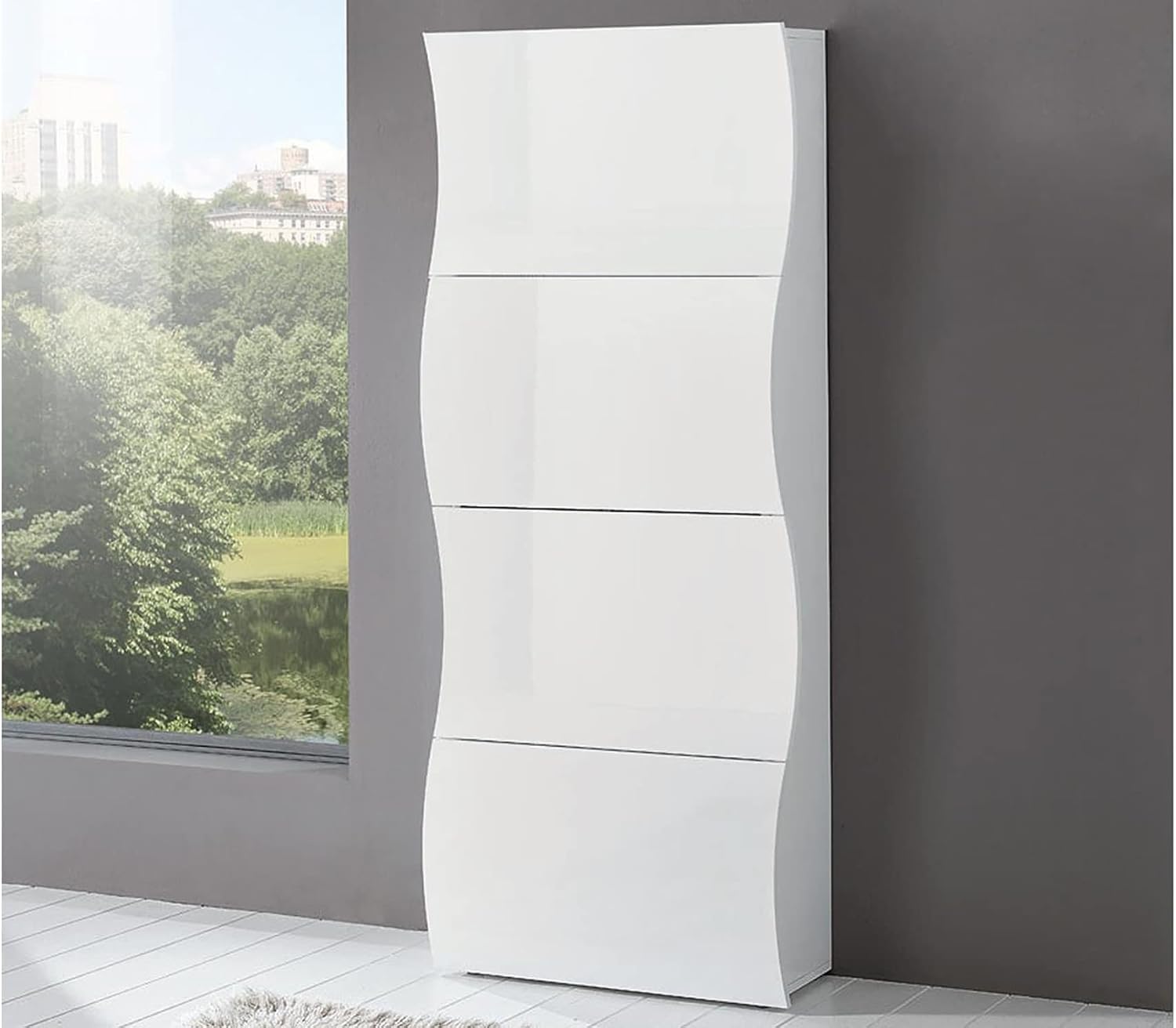 Web Convenienza Scarpiera Slim Moderna Made in Italy - 24 Paia di Scarpe, Salvaspazio con Ante a Ribalta in Legno - Mobile da Ingresso modello Mare Bianca Lucida (4 Ante)