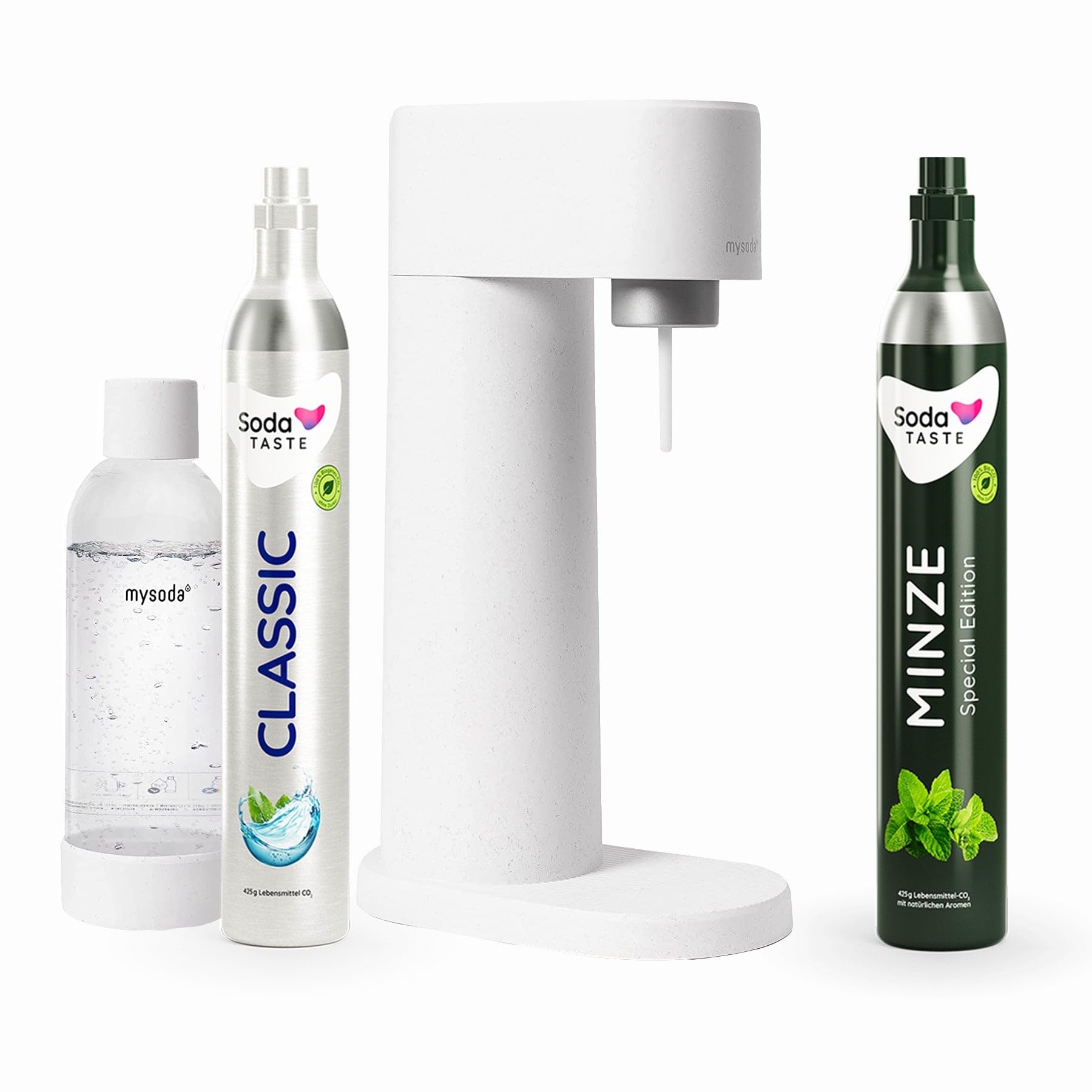 SodaTASTE Mysoda Woody - Gassatore di acqua in composito di legno rinnovabile con bottiglia di plastica senza BPA da 1 l, cilindro di CO2 Classic + cilindro di CO2 menta (bianco)