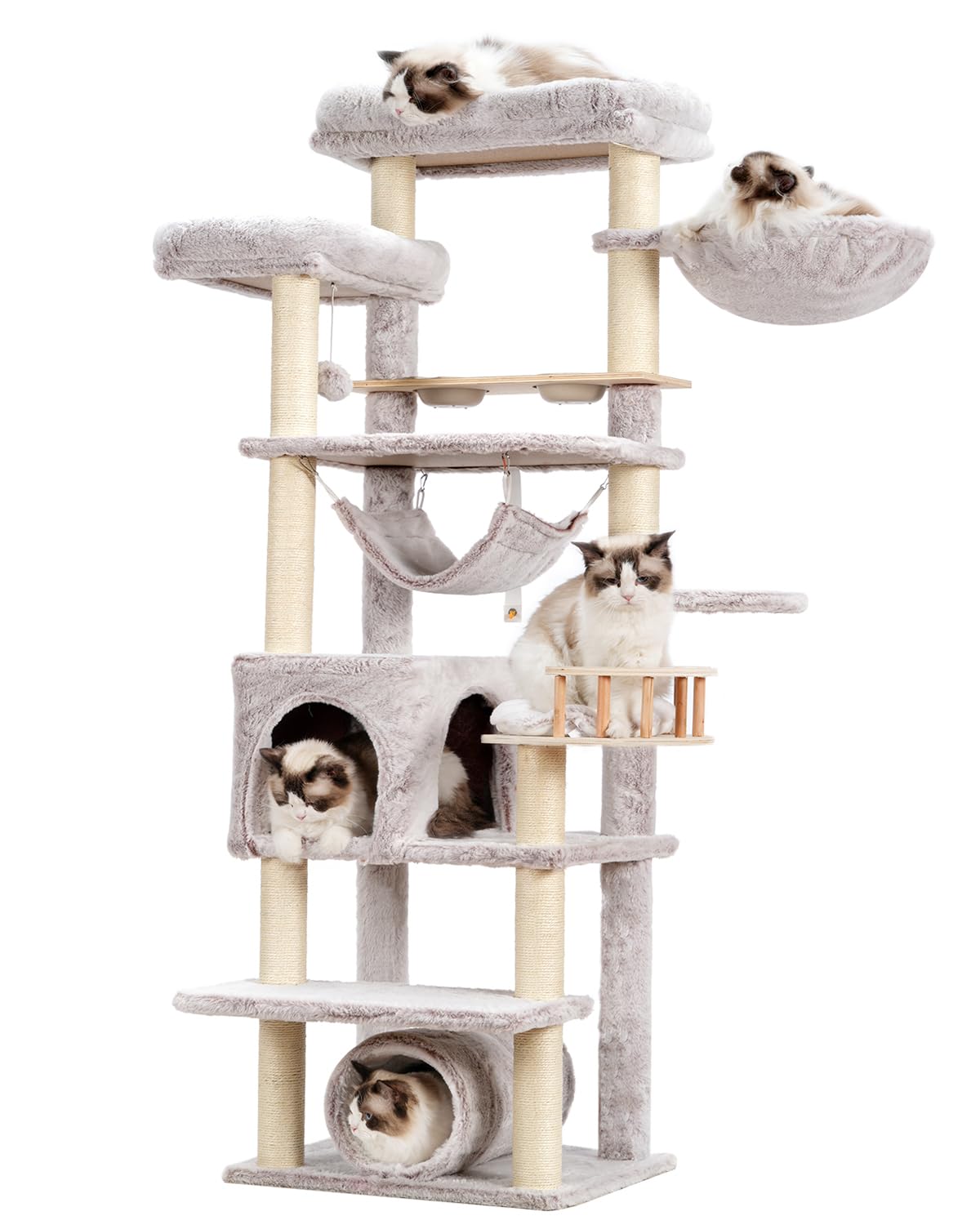 Muchroom Cat Tree for Indoor Cats, 64" Tall Cat Tower with Scratching Post, Cat Condo and Platforms for Large Adult with Food Station, Cat Tunnel, Hammock, Cat Bowls, Muchroom GCT021MU