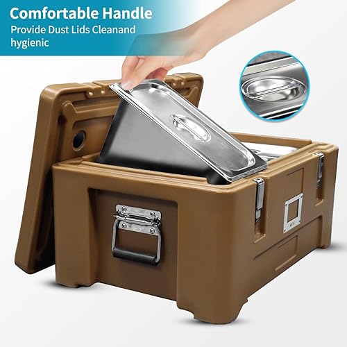 Miniatura 9 de Transportador aislado para alimentos, caja caliente de 32 cuartos  30 L para catering, calentadores de sopa comerciales con 3 sartenes de acero