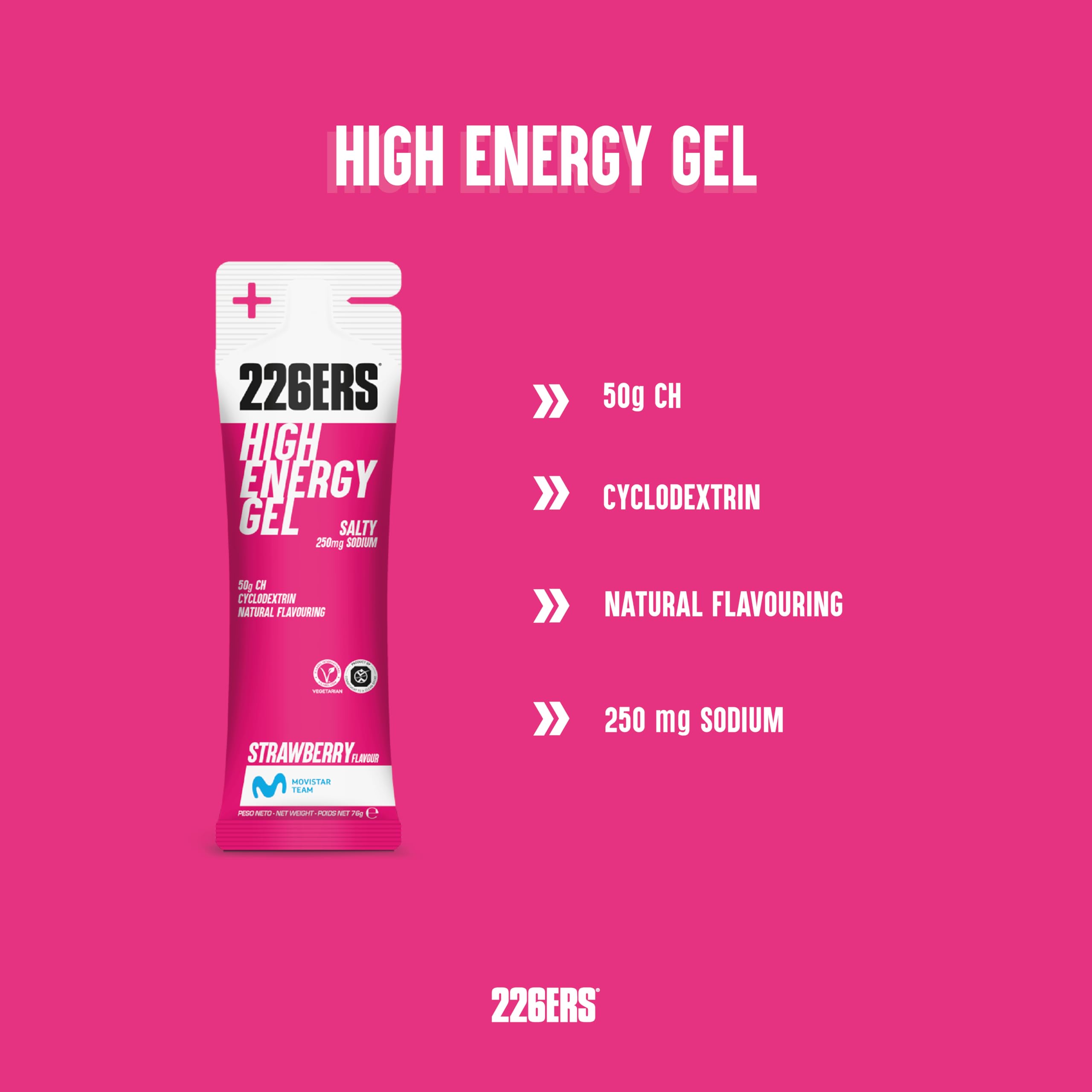 226ERS - High Energy, Gel Energetico per Atleti, Ciclodextrina, Carboidrati, Utilizzo di Glucosio e Digestione, Senza Glutine, Vegano, Gusto Fragola Salata, 24 Gel x 76 g