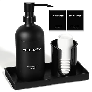 Mouthwash Dispenser for Bathroom, Glass Mouth Wash Pump Dispenser with Cup Holder, 17 Fl Oz Mouthwash Bottle Decanter with Tray, Refillable Mouthwash Dispenser Container Matte Black
