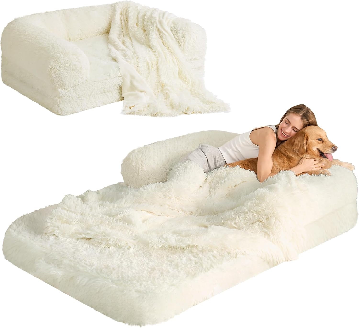 EHEYCIGA Foldable Human Dog Bed for Adult, Orthopedic Memory Foam Dog Bed for Humans, Waterproof Human Dog Bed for People, Faux Fur Human Sized Dog Bed, Beige, 72"x44"x12" 72x44x12(Folded 44x36) Beige