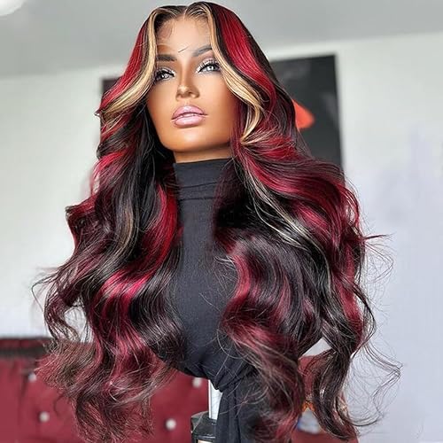 Peluca de cabello humano con reflejos rubios rojos y negros, pelucas de cabello humano con encaje frontal transparente de 13 x 4 pulgadas,