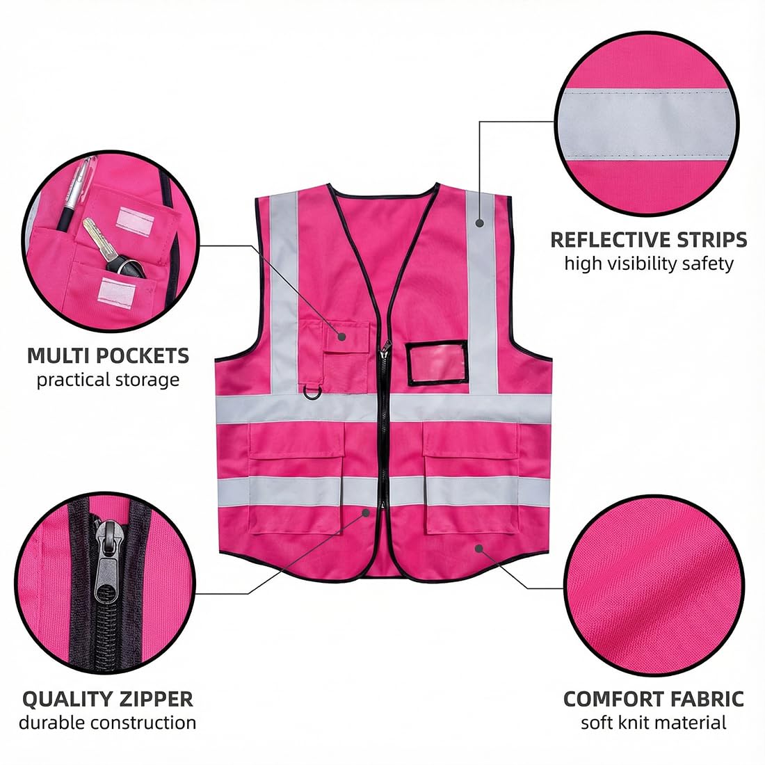 Chaleco Reflectante de Seguridad para Adultos con Bolsillos y Cremallera, Chaleco de Alta Visibilidad para Exterior (Rosa)