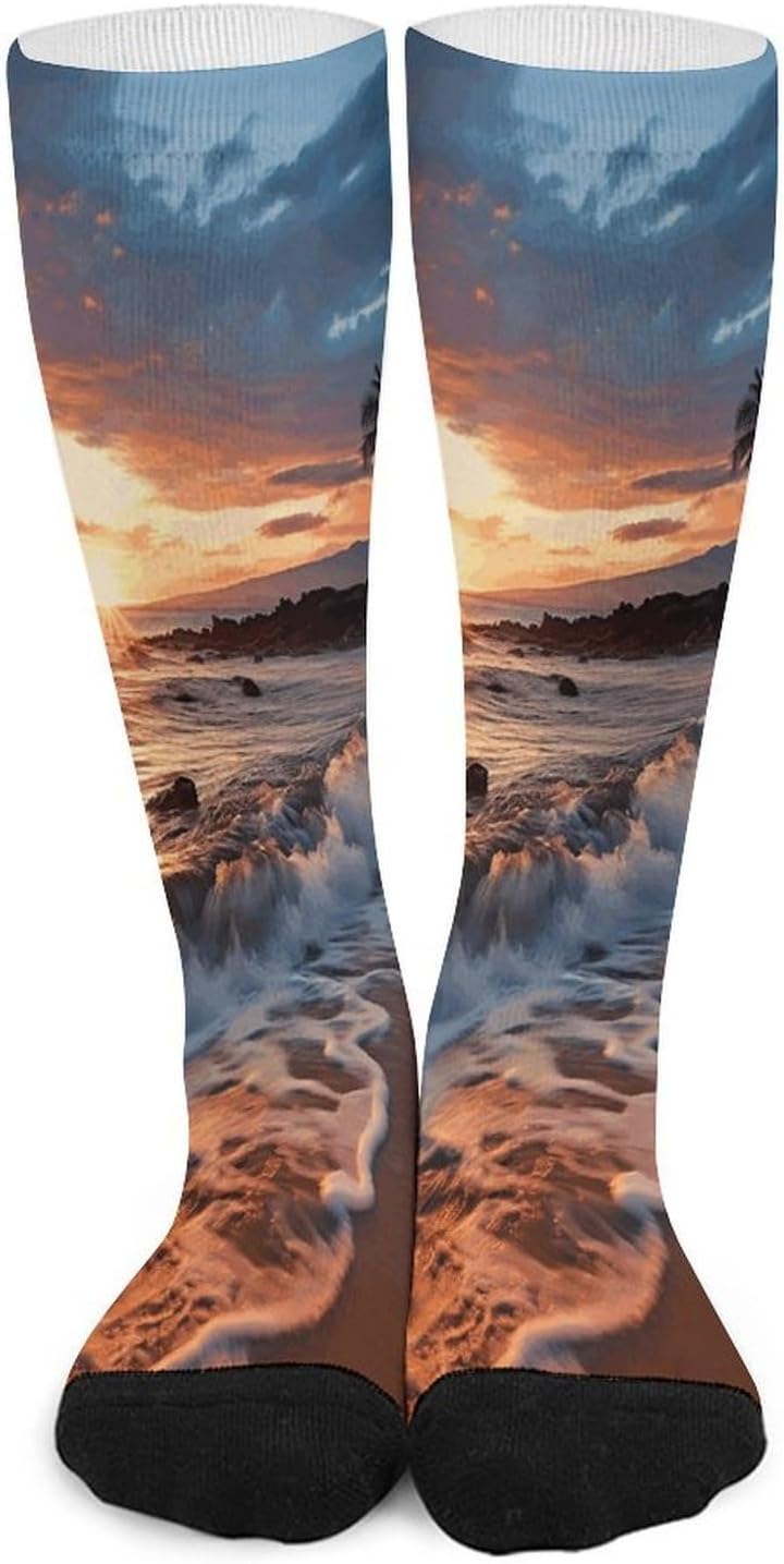 Beach Maui Hawaii Sunset Sea Waves Clouds Compression Sock Circulation Support Socks Lightweight Knee High Tube Sock Over-The-Calf Sock for Adult
