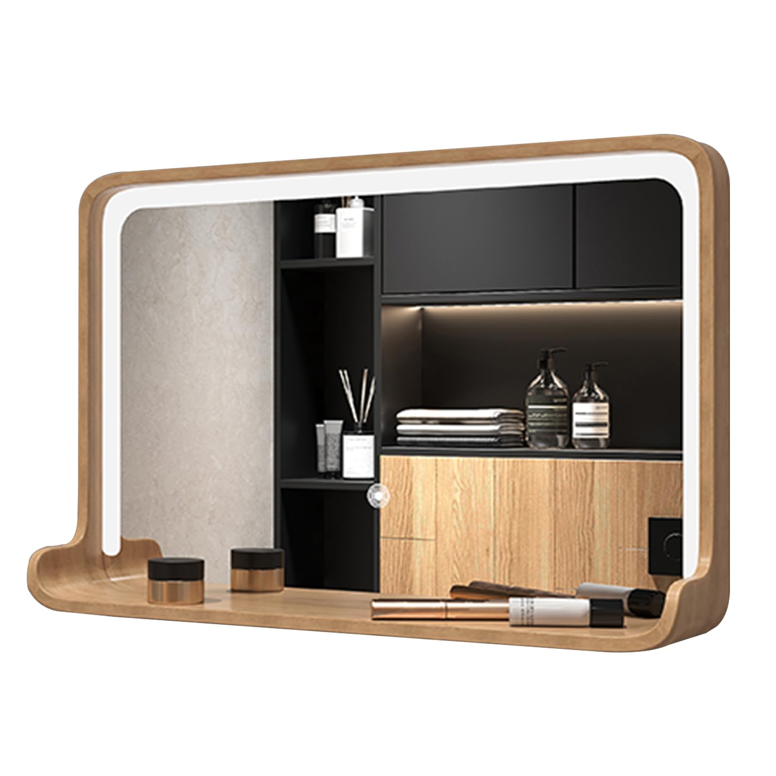 SXFSDOU Illuminated Bathroom Mirror with Touch Switch Dimmable 3 Color Temperature 40x60cm (16x24in) Vanity for Cosmetics Wood e Modern Design