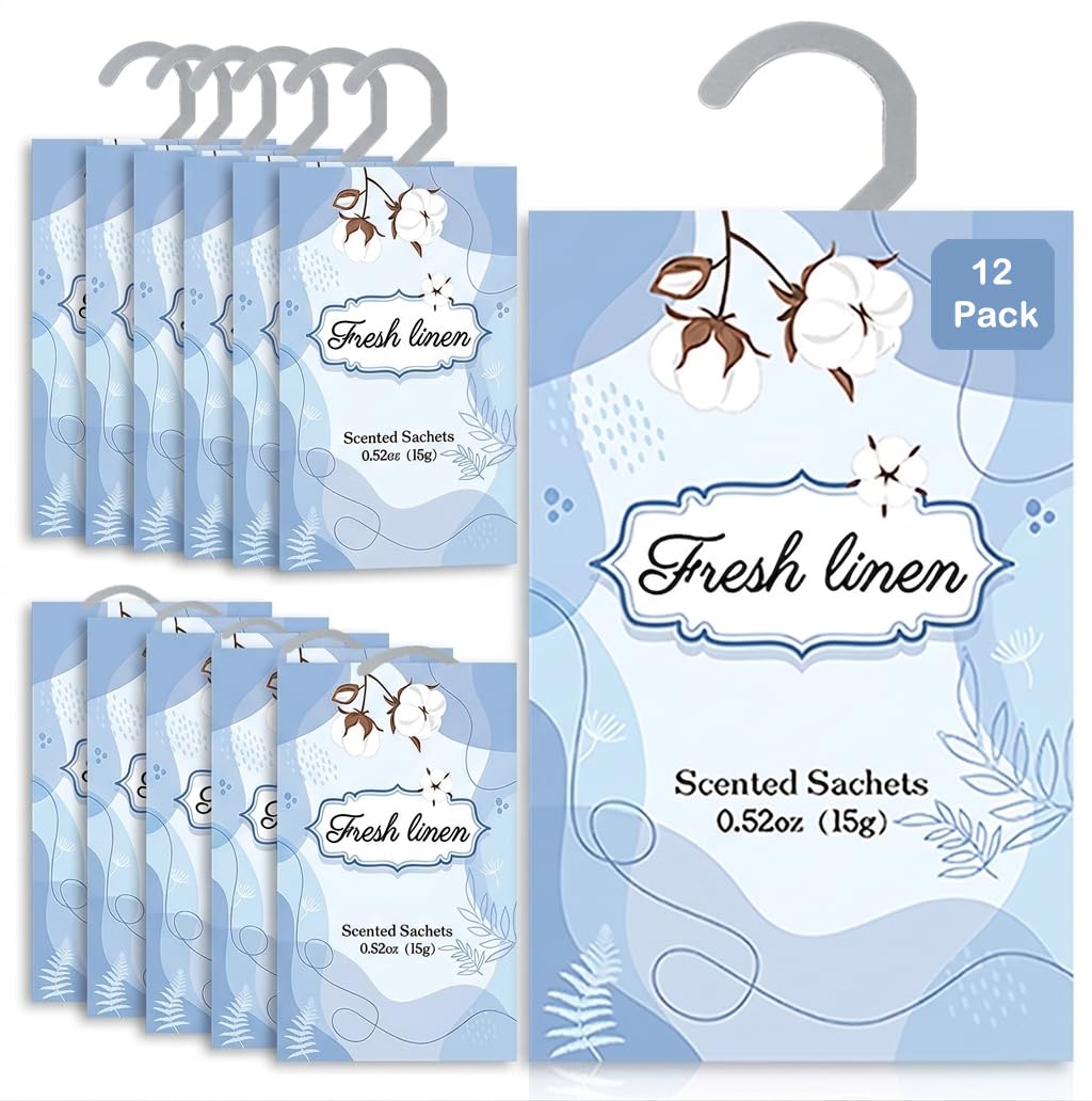 Closet Air Freshener with Hanging Retractable Hook, 12 Fresh Linen Sachets
