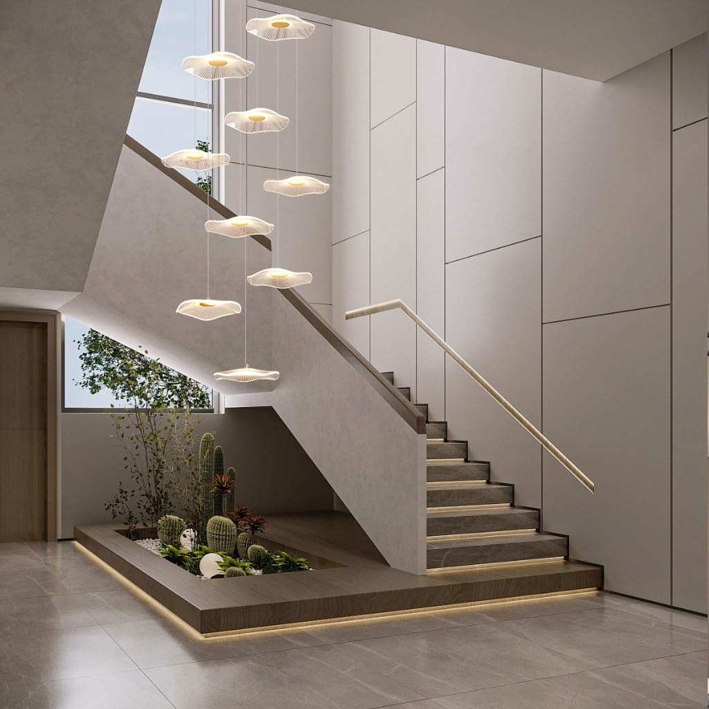 Lámpara Colgante Moderna En Forma De Hoja De Loto Dorada 12 Luces LED con Mando 3000K-6500K Altura Ajustable para Escaleras Villas Y Comedor Araña De Cristal En Aluminio Y Acrílico(9 Lights)