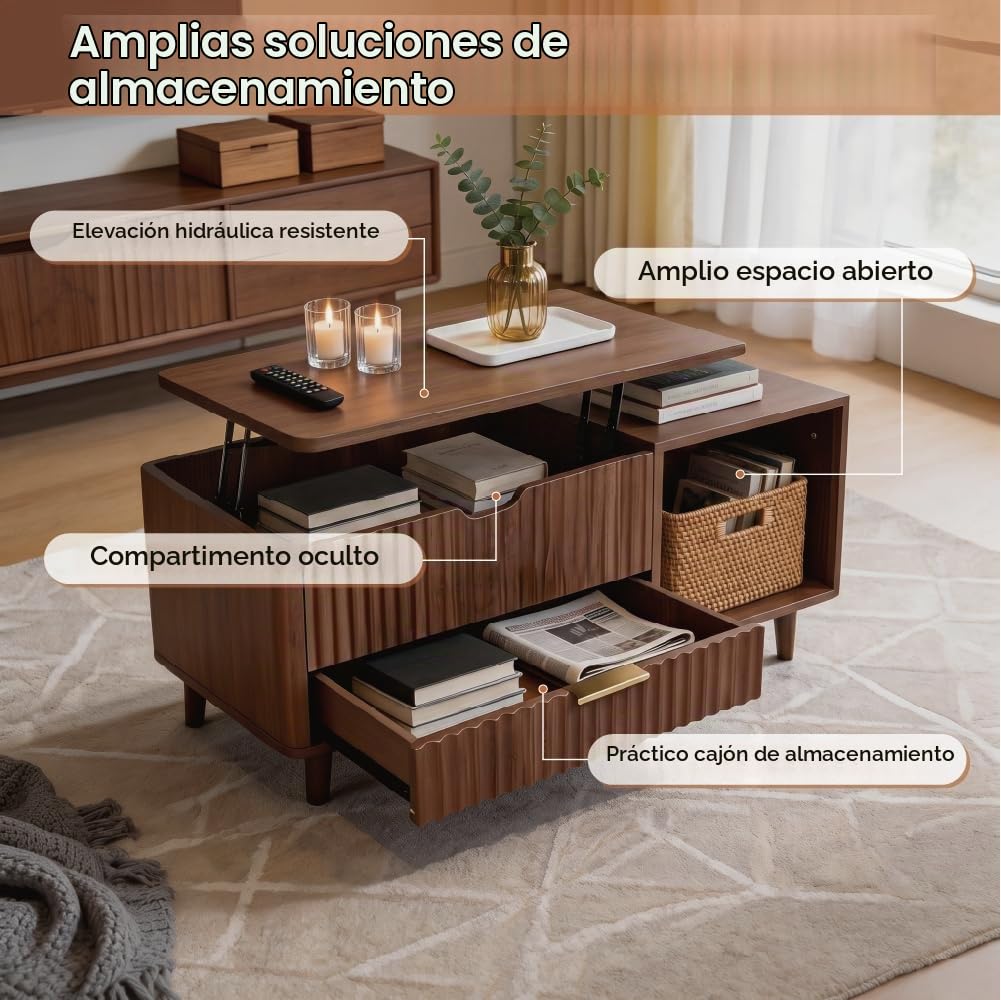 DAWYNIELD Mesa de Centro Elevable, Diseño Acanalado – con Compartimento Oculto y Cajón, Mesa de Madera con Estante Abierto, Mesa de Comedor Ahorradora de Espacio para Salón, Color Roble