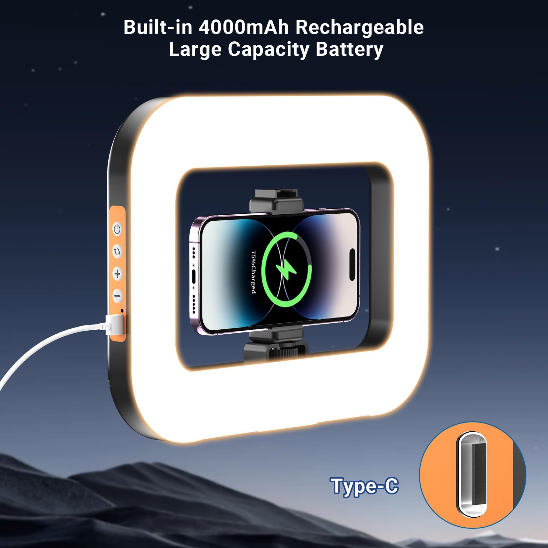 Anillo de luz recargable sin soporte, anillo de luz cuadrado inalámbrico para accesorios de cabina de fotos de 360 grados, estabilizador de video de teléfono para iPhone con batería integrada de 4000