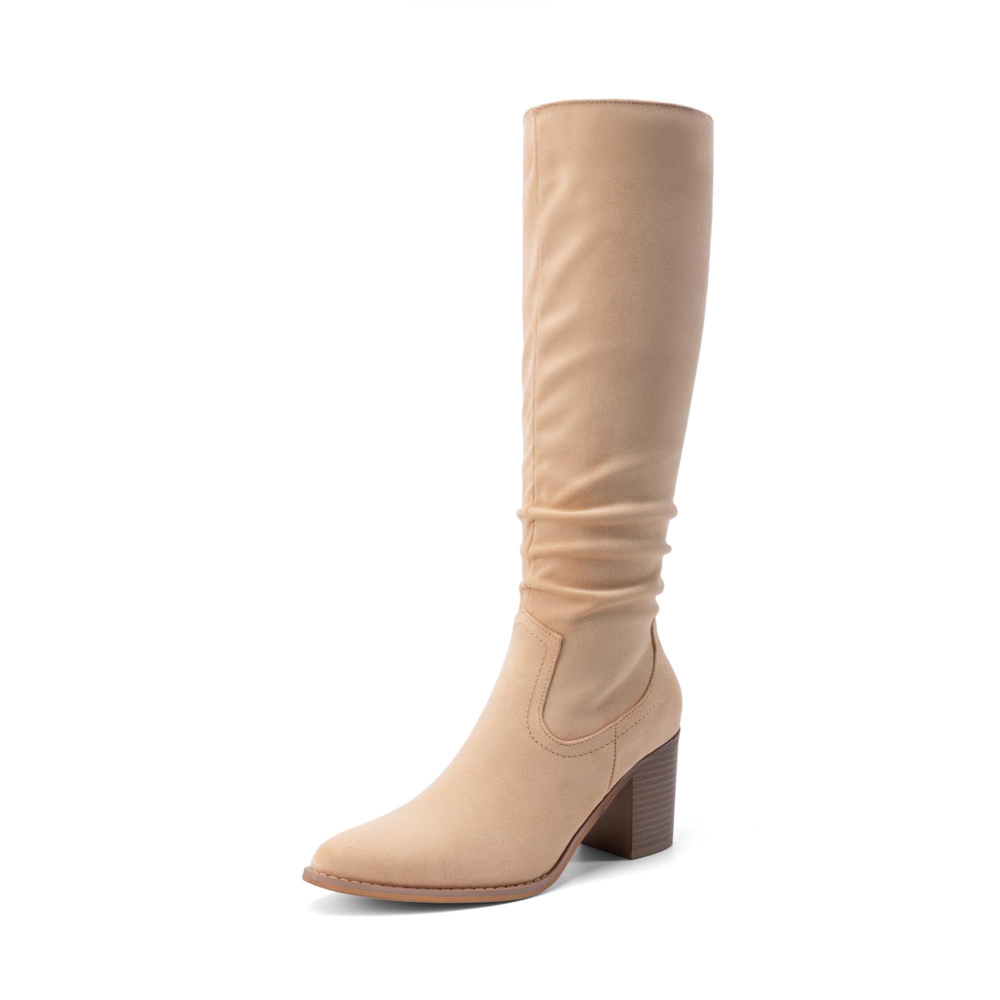 DREAM PAIRS Womens Knee-High Boots Comfortable Chunky Block Heel Pointed Toe Pull On Side Zipper Suede Slouch Riding