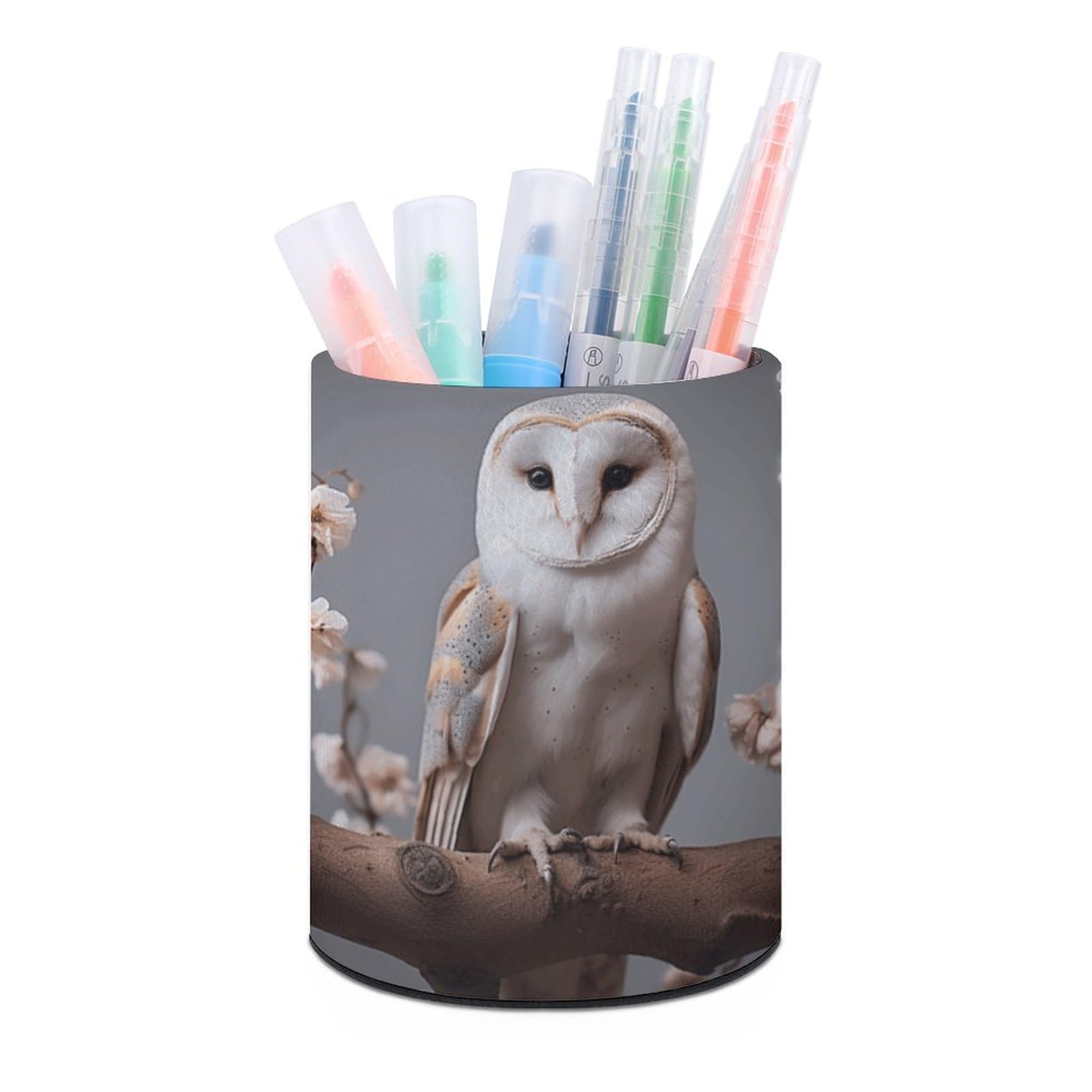 JTREHY Round Pen Holder,A Small White Barn Owl Printed Makeup Brush Storage Box for Home Office Dressing Table