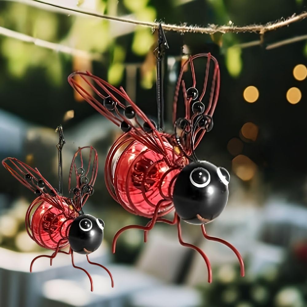 BomKra Bee Solar Lights Outdoor Garden Hanging Metal Bees Lanterns Novelty Bugs Ornament with Bouncy Springs, Solar Fairy Garden Lights for Decorations Balcony (2Pack red-B)