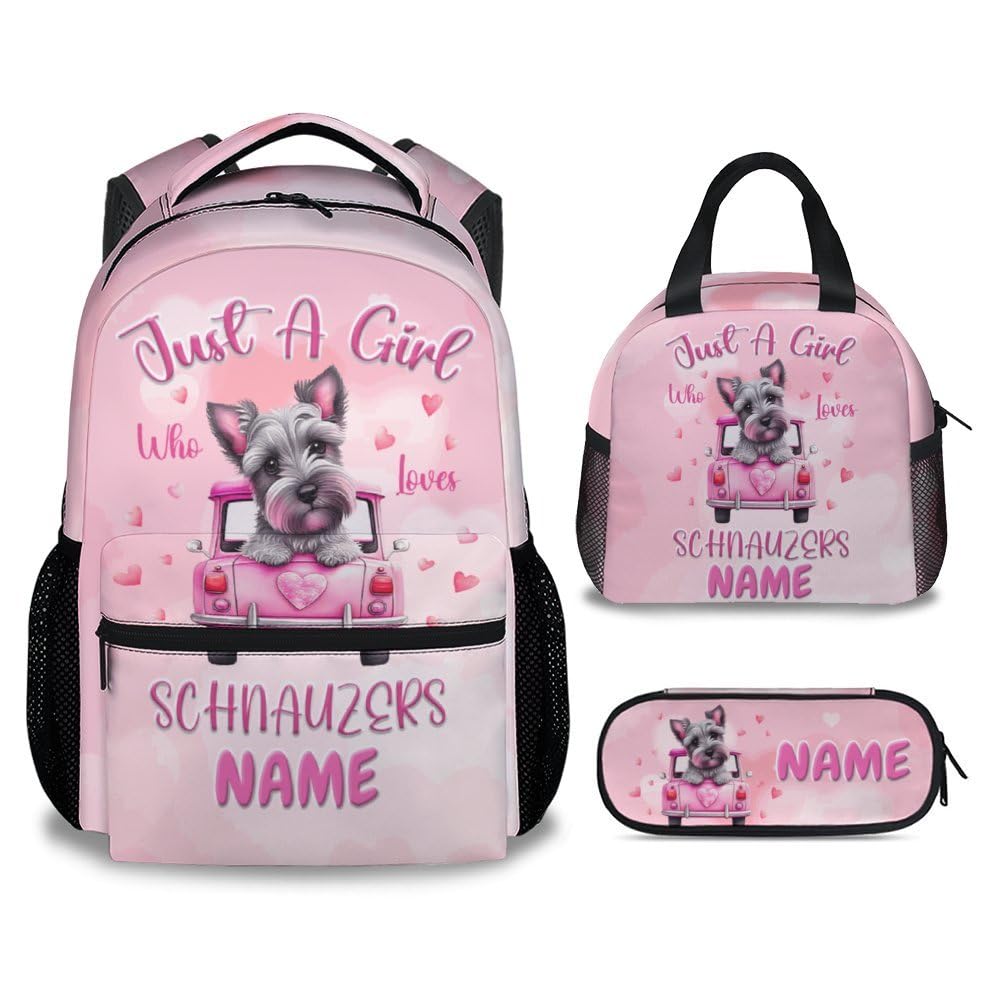 UNIKITTY Custom Kids Backpack Set - Schnauzer Backpacks for Girls, School Backpack with Lunch Box, 17" Durable Large Capacity Elementary Bookbags for