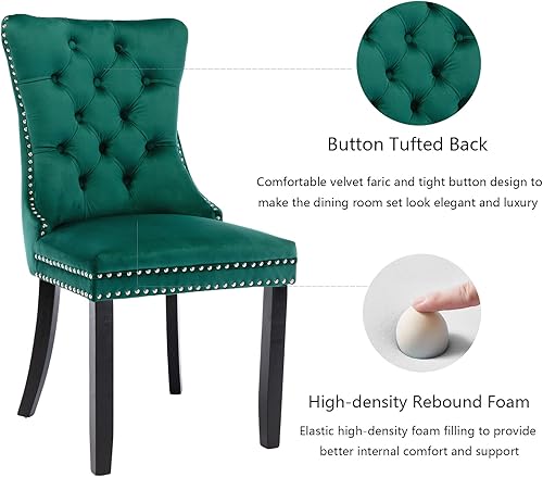 Miniatura 4 de Juego de 4 sillas de comedor de terciopelo verde, sillas de comedor tapizadas con anillo trasero y patas de madera maciza, sillas de cocina con