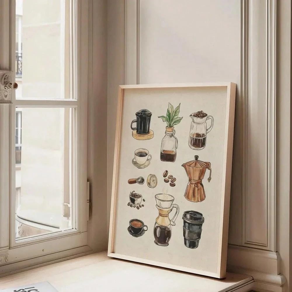 Retro Stolik kawowy Rustykalny Plakat Na Płótnie Plakat Na Płótnie Wózek Bar Wózek Na Ścianę Dla Miłośników Kawy Minimalistyczna Kuchnia I Napoje(80 x 120 cm/Rama