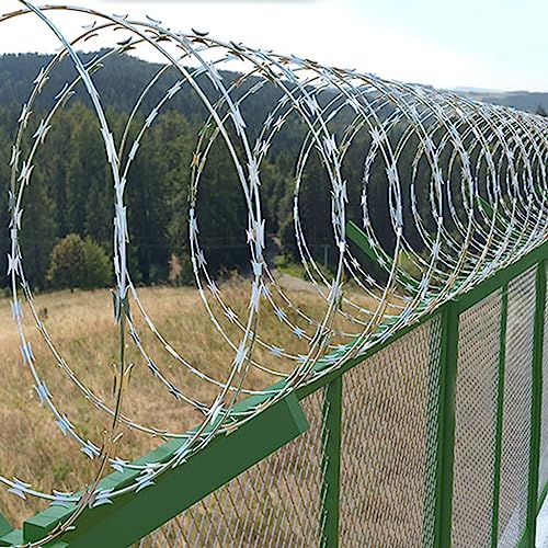 XLIHAWY Razor Barbed Wire, 304 Stainless Steel Razor Wire Fence, Stretched Spiral Barbed Wire Coils for Farm Garden(Silver-45cm/Double Spiral,30m)