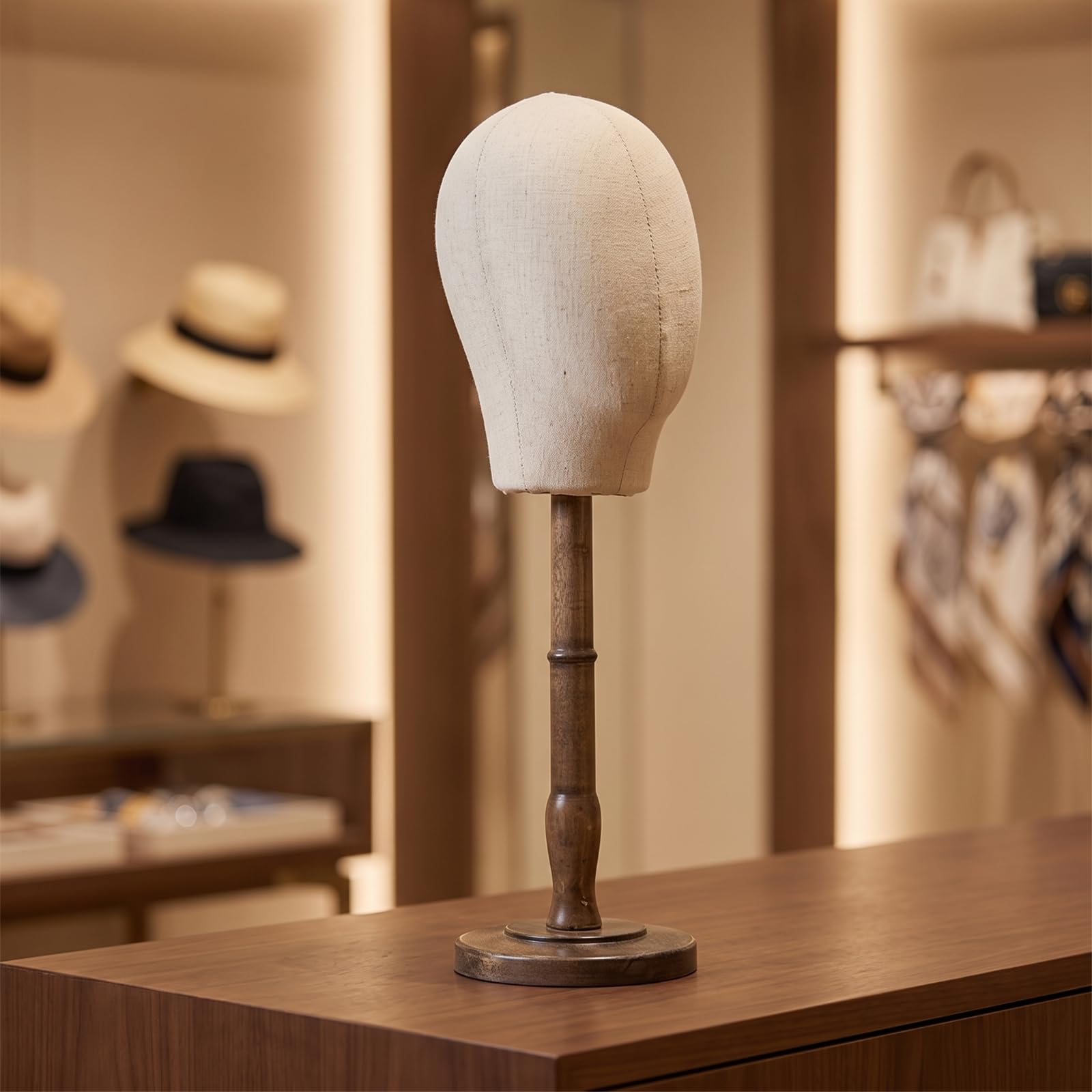 Manichino Testa Espositiva Dummy Testa Cappelli Parrucche Accessori Facciale Semplice Rivestita Lino Asta Solida Base , Circonferenza Testa 54 Cm, Altezza 34 Cm , style to 4